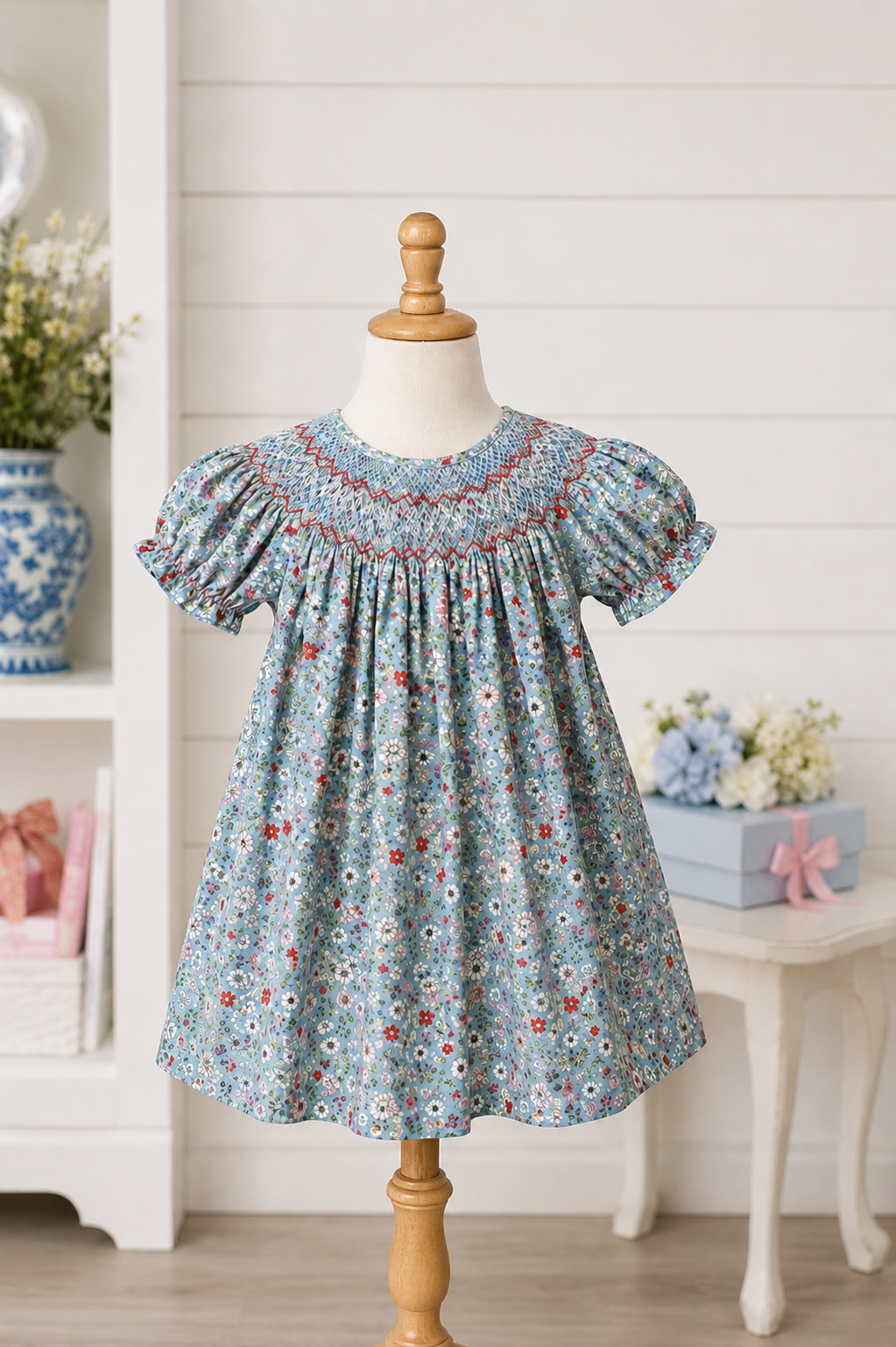Blue flower smocked dress