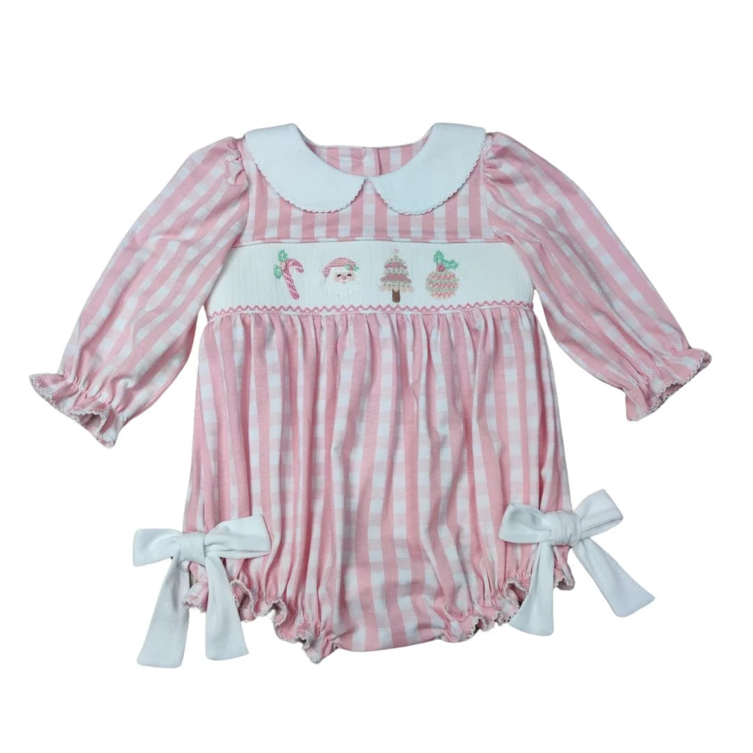 Pink Christmas smocked collared bubble