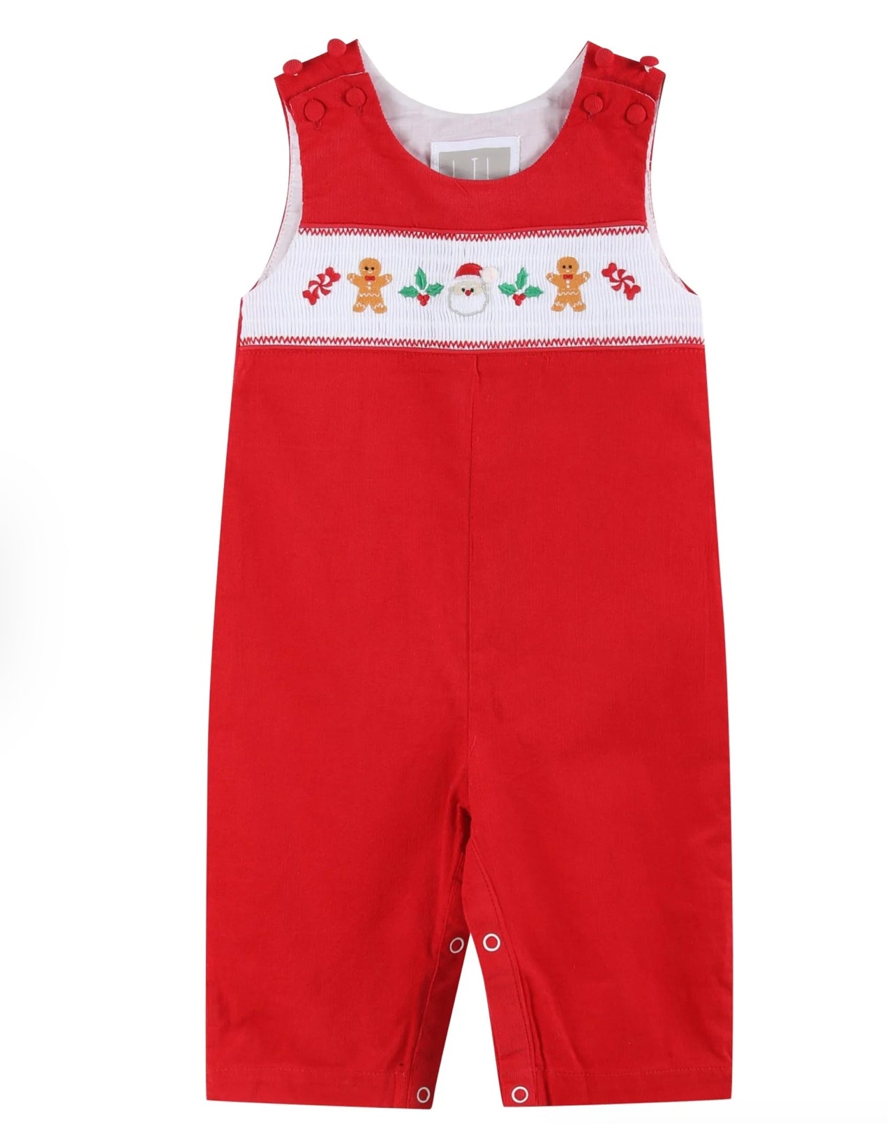 Red velvet smocked overalls
