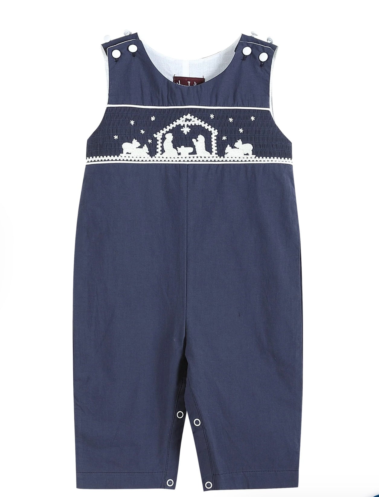 Navy smocked nativity overalls