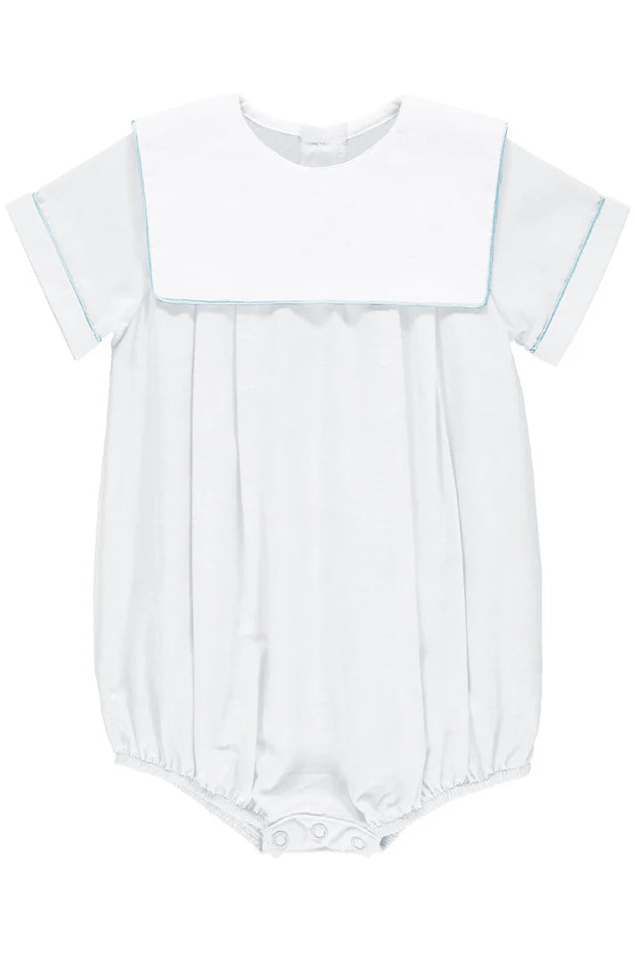 BABY BOY WHITE ROMPER WITH BLUE TRIM – 100% COTTON