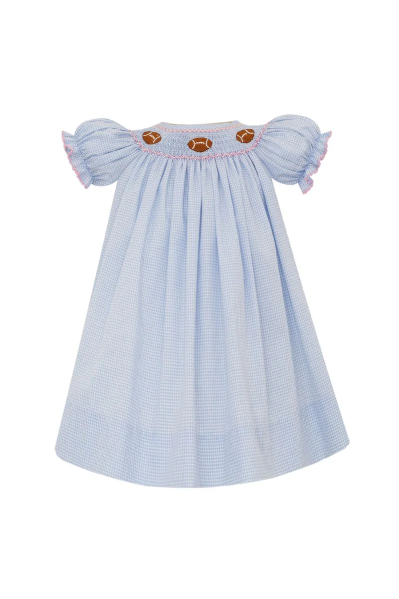 Petit Bebe Girls Blue Gingham Smocked Footballs Bishop Dress