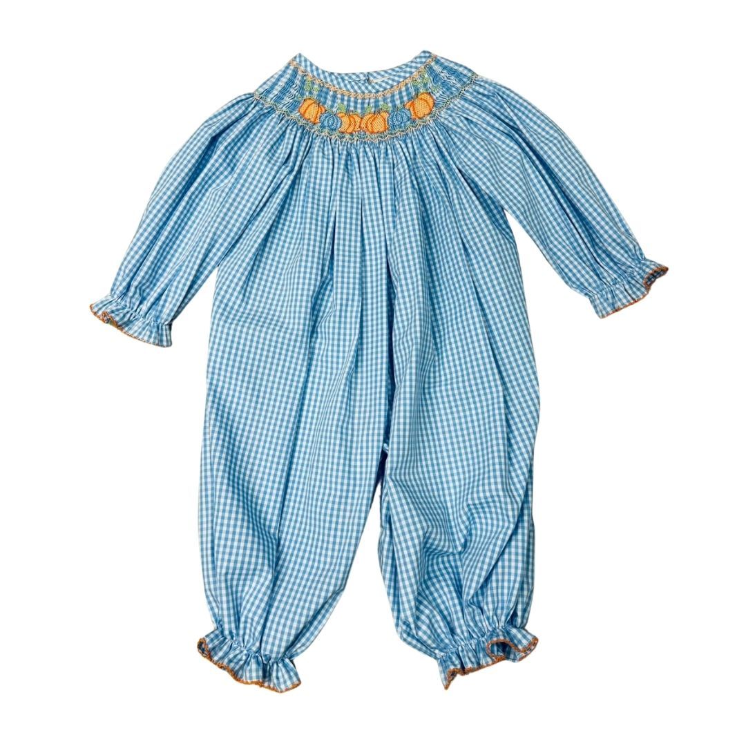 GIRLS BLUE GINGHAM LS SMOCKED ORANGE/BLUE PUMPKINS BISHOP ROMPER
