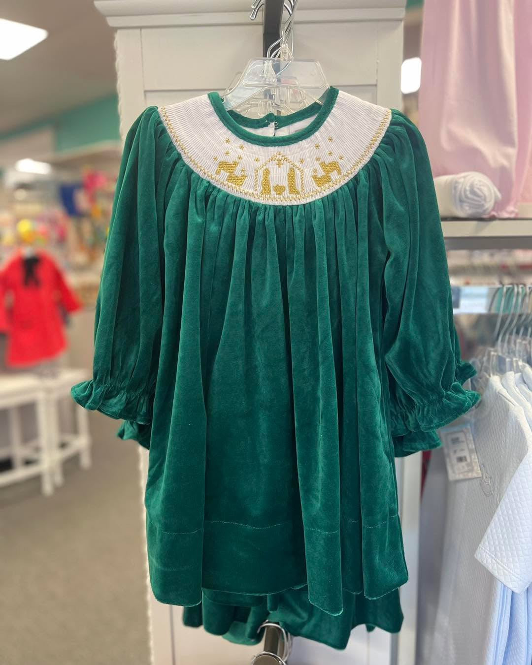 Green velour smocked dress