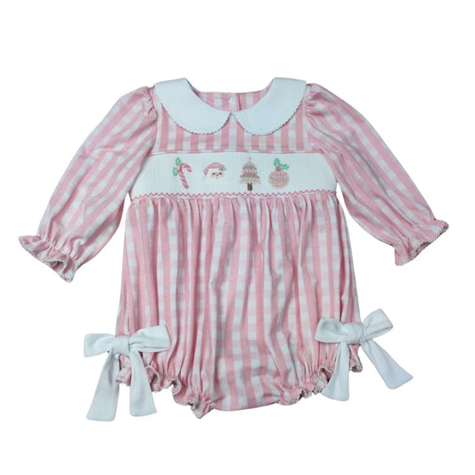 Pink Christmas smocked collared bubble
