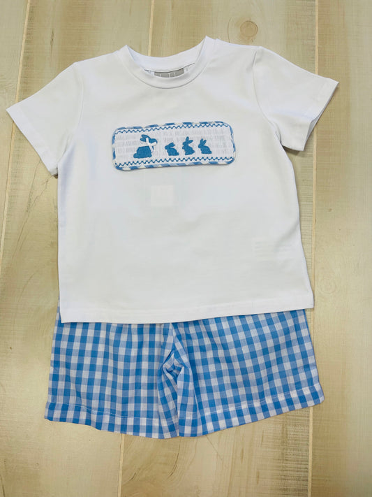 BUNNY FAMILY SMOCKED TEE AND BLUE GINGHAM SHORTS SET