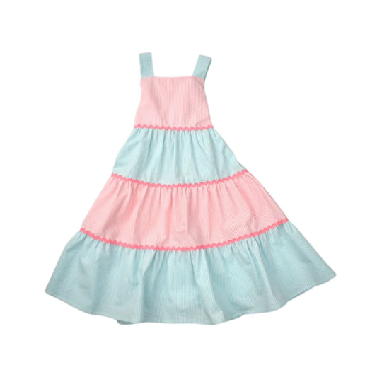 Tiered dress in pink and mint