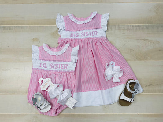 PINK STRIPED BIG SISTER SMOCKED DRESS