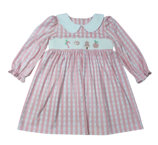 Pink Christmas smocked collared dress
