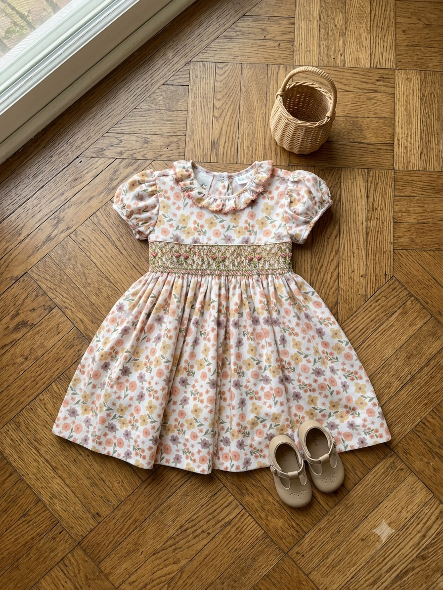 Smocked waist dress with ruffle collar