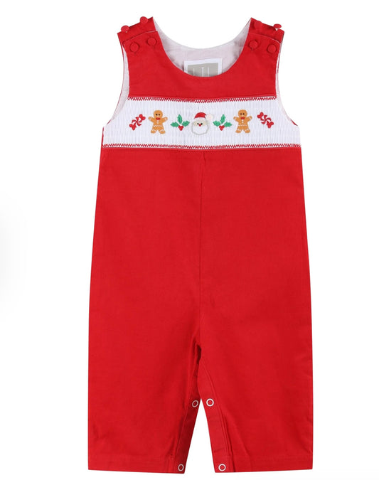 Red velvet smocked overalls