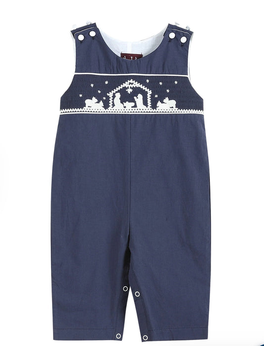 Navy smocked nativity overalls