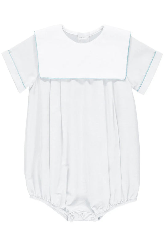 BABY BOY WHITE ROMPER WITH BLUE TRIM – 100% COTTON