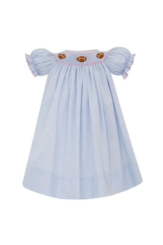 Petit Bebe Girls Blue Gingham Smocked Footballs Bishop Dress