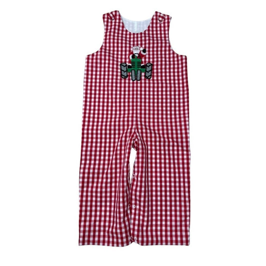BOYS RED KNIT CHECK LONG JON JON APPLIQUE SANTA ON TRACTOR