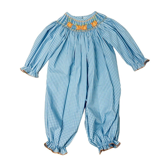 GIRLS BLUE GINGHAM LS SMOCKED ORANGE/BLUE PUMPKINS BISHOP ROMPER
