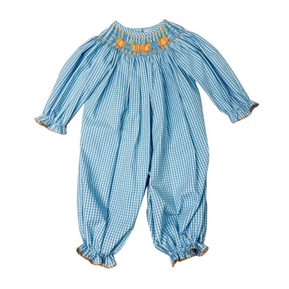 GIRLS BLUE GINGHAM LS SMOCKED ORANGE/BLUE PUMPKINS BISHOP ROMPER