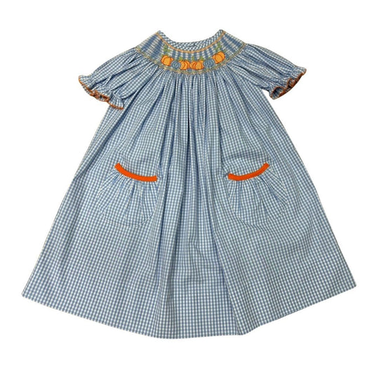 GIRLS BLUE GINGHAM SS SMOCKED ORANGE/BLUE PUMPKINS BISHOP DRESS
