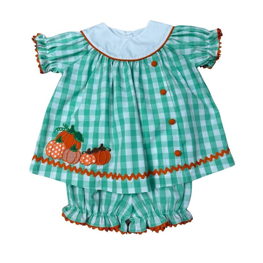 GIRLS GREEN CHECK ROUND COLLAR 3 PUMPKIN APPLIQUE BLOOMER SET