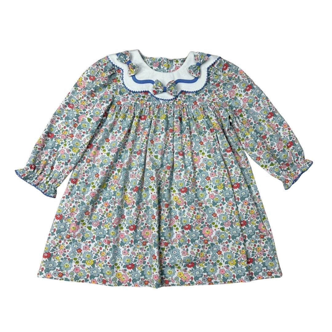 GIRLS FALL FLORAL SCALLOP COLLAR W/TINY FLORAL BOWS DRESS