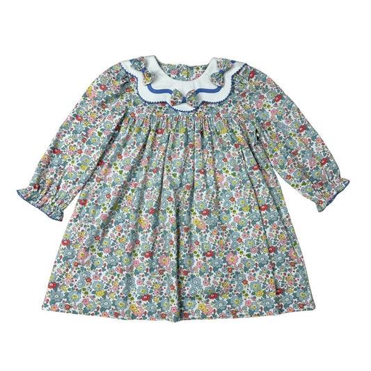 GIRLS FALL FLORAL SCALLOP COLLAR W/TINY FLORAL BOWS DRESS