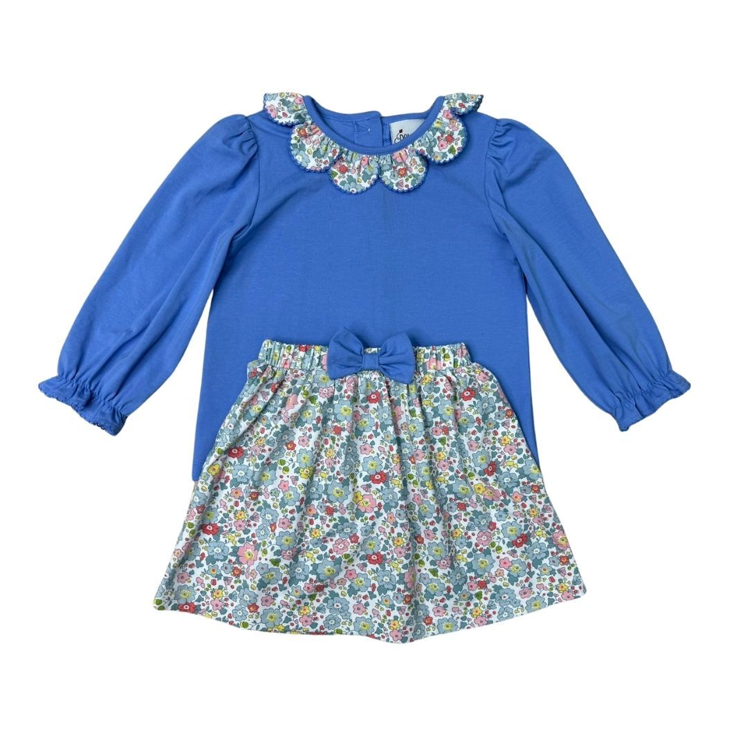 GIRLS FALL FLORAL SKIRT W/ BOWS & BLUE KNIT LS RUFFLE FLORAL COLLAR