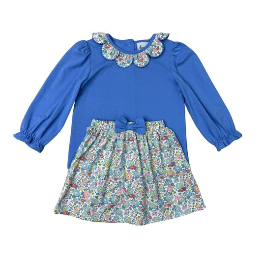 GIRLS FALL FLORAL SKIRT W/ BOWS & BLUE KNIT LS RUFFLE FLORAL COLLAR