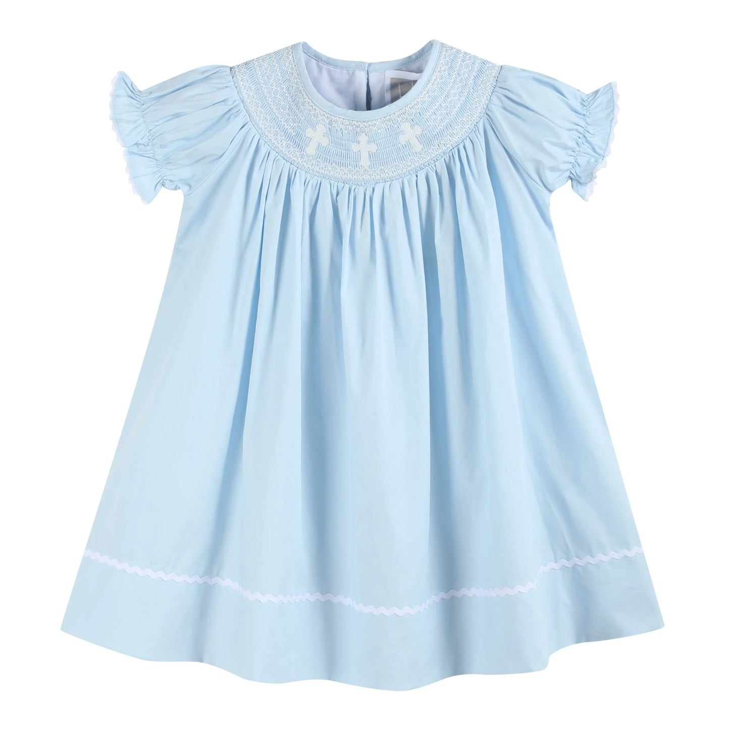 Light blue crosses smocked bishop dress