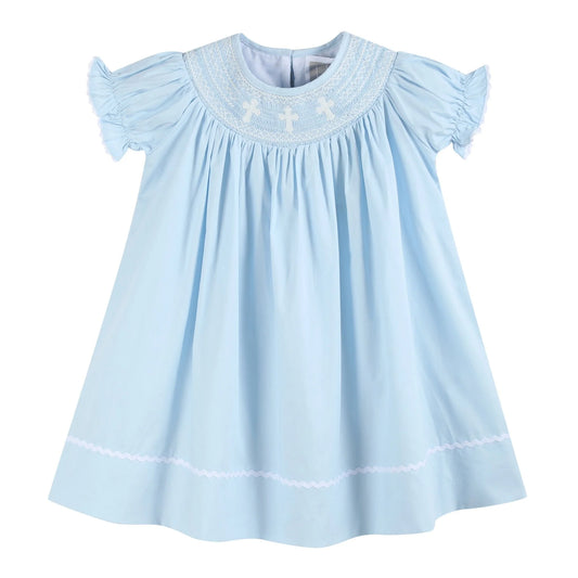 Light blue crosses smocked bishop dress