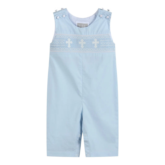 Light blue smocked crosses overalls